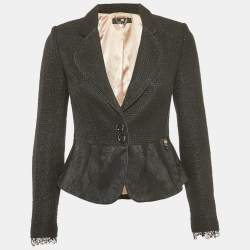 Elisabetta Franchi Black Tweed Button Front Lace Detail Jacket S