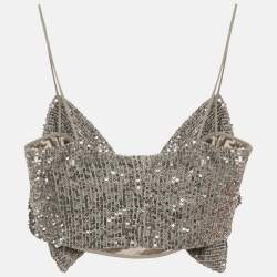 Elisabetta Franchi Silver Sequin Mesh Bow Detail Crop Top M