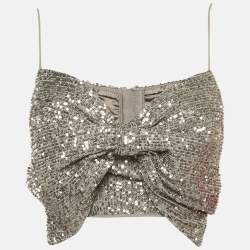 Elisabetta Franchi Silver Sequin Mesh Bow Detail Crop Top M