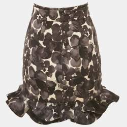 Pre Owned Elisabetta Franchi Grey Floral Print Stretch Crepe Ruffled Mini Skirt S