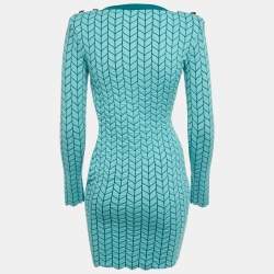 Elisabetta Franchi Blue Patterned Stretch Knit Scallop Hem Bodycon Dress S