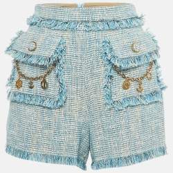 Elisabetta Franchi Blue Cotton Fringed Chain Detail Shorts M