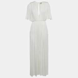 Pre Owned Elisabetta Franchi White Jersey Plunging Neck Gathered Maxi Dress S