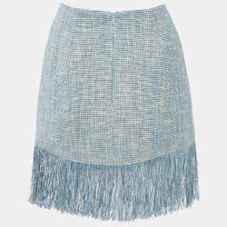 Elisabetta Franchi Blue Charm Detail Tweed Fringed Mini Skirt M