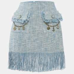 Elisabetta Franchi Blue Charm Detail Tweed Fringed Mini Skirt M