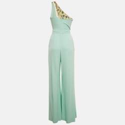Pre Owned Elisabetta Franchi Pastel Green Jersey Sequin Embellished One Shoulder Jumpsuit S