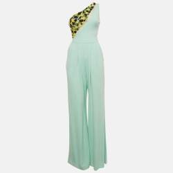 Pre Owned Elisabetta Franchi Pastel Green Jersey Sequin Embellished One Shoulder Jumpsuit S