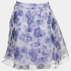 Pre Owned Elisabetta Franchi Purple Floral Printed Organze Tiered Mini Skirt M