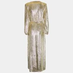 Pre Owned Elisabetta Franchi Gold Sequin Belted Wrap Maxi Dress M