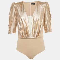 Pre Owned Elisabetta Franchi Metallic Crepe & Sequin Bodysuit and Skirt Set M