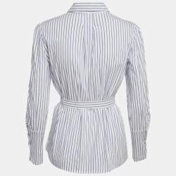 Pre Owned Elisabetta Franchi White & Blue Striped Cotton Tie Detail Shirt S