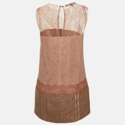 Pre Owned Elisabetta Franchi Beige/Dusty Rose Lace and Tweed Mini Dress S