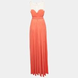 Pre Owned Elisabetta Franchi Coral Tulle Trim Peated Jersey Belted Dress L