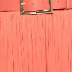 Pre Owned Elisabetta Franchi Coral Tulle Trim Peated Jersey Belted Dress L