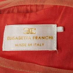 Pre Owned Elisabetta Franchi Coral Tulle Trim Peated Jersey Belted Dress L