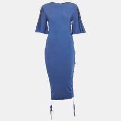 Pre Owned Elisabetta Franchi Blue Jersey Lace Up Detail Bodycon Dress M