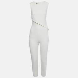 Pre Owned Elisabetta Franchi Off White Crepe Asymmetric Belted Jumpsuit S 