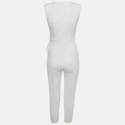 Pre Owned Elisabetta Franchi Off White Crepe Asymmetric Belted Jumpsuit S 