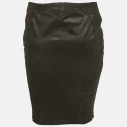Pre Owned Elisabetta Franchi Black Satin Panel Lace Pencil Skirt M