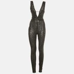 Pre Owned Elisabetta Franchi Black Sequins Plunge Neck Body Fitted Jumpsuit S  