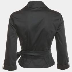 Pre Owned Elisabetta Franchi Black Cotton Buckle Detail Wrap Around Top M