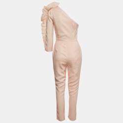 Pre Owned Elisabetta Franchi Peach Gingham Cotton Ruffled One Shoulder Jumpsuit M