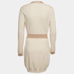 Pre Owned Elisabetta Franchi Light Beige Knit Logo Detail Button Front Cardigan Dress M