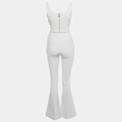 Pre Owned Elisabetta Franchi White Crepe Crop Top & Flared Pant Set M/S