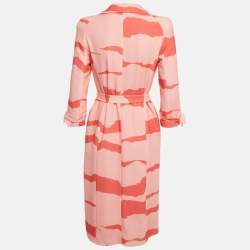 Pre Owned Elisabetta Franchi Orange/ Peach Abstract Print Crepe Belted Coat Dress S