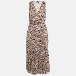 Pre Owned Elisabetta Franchi Brown Printed Crepe Pleat Detail Midi Dress M