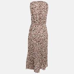 Pre Owned Elisabetta Franchi Brown Printed Crepe Pleat Detail Midi Dress M