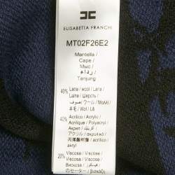 Pre Owned Elisabetta Franchi Black /Blue Lettering Intarsia Wool Blend Fringed Cape One Size