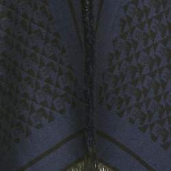 Pre Owned Elisabetta Franchi Black /Blue Lettering Intarsia Wool Blend Fringed Cape One Size