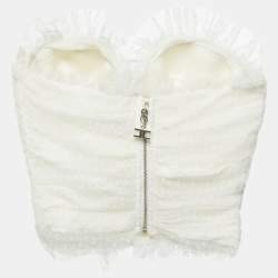 Pre Owned Elisabetta Franchi White Swiss Dot Tulle Ruffled Strapless Top S