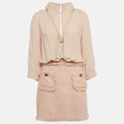 Pre Owned Elisabetta Franchi Light Orange/ Peach Crepe and Tweed Detachable Blouse Mini Dress M