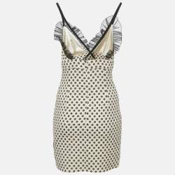 Pre Owned Elisabetta Franchi Cream Floral Print Crepe Ruffled Sleeveless Mini Dress S