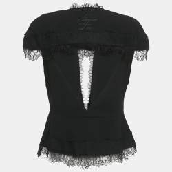 Pre Owned Elisabetta Franchi Black Crepe Lace Detail Cut-Out Top L