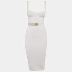 Pre Owned Elisabetta Franchi White Crepe Belted Midi Dress S