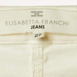 Pre Owned Elisabetta Franchi Jeans Ivory Denim Fringed Skinny Jeans S/Waist 29"
