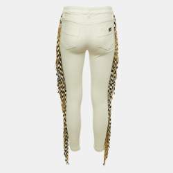 Pre Owned Elisabetta Franchi Jeans Ivory Denim Fringed Skinny Jeans S/Waist 29"