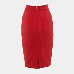 Pre Owned Elisabetta Franchi Red Crepe BBuckle Detail Pencil Skirt M