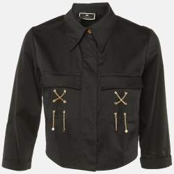 Pre Owned Elisabetta Franchi Black Cotton Knit Chain Detail Crop Jacket M