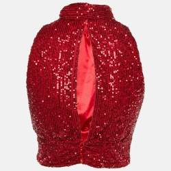 Pre Owned Elisabetta Franchi Red Sequin Halter Neck Scarf Detail Crop Top M