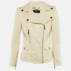 Pre Owned Elisabetta Franchi Beige Leather Biker Jacket M 