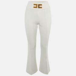 Pre Owned Elisabetta Franchi White Crepe Logo Flared Trousers S