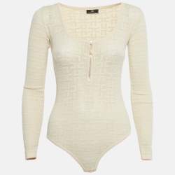 Pre Owned Elisabetta Franchi Cream Logo Jersey Bodysuit M