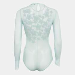 Pre Owned Elisabetta Franchi Aqua Green Embellished Star Detail Mesh Body Suit M