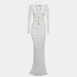 Pre Owned Elisabetta Franchi White Jersey Cut -Out Chain Detail Maxi Dress S 