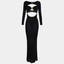Pre Owned Elisabetta Franchi Black Jersey Cut -Out Jewel Clasp Maxi Dress S
