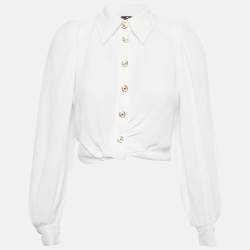 Pre Owned Elisabetta Franchi White Crepe Knot Detail Cropped Blouse S